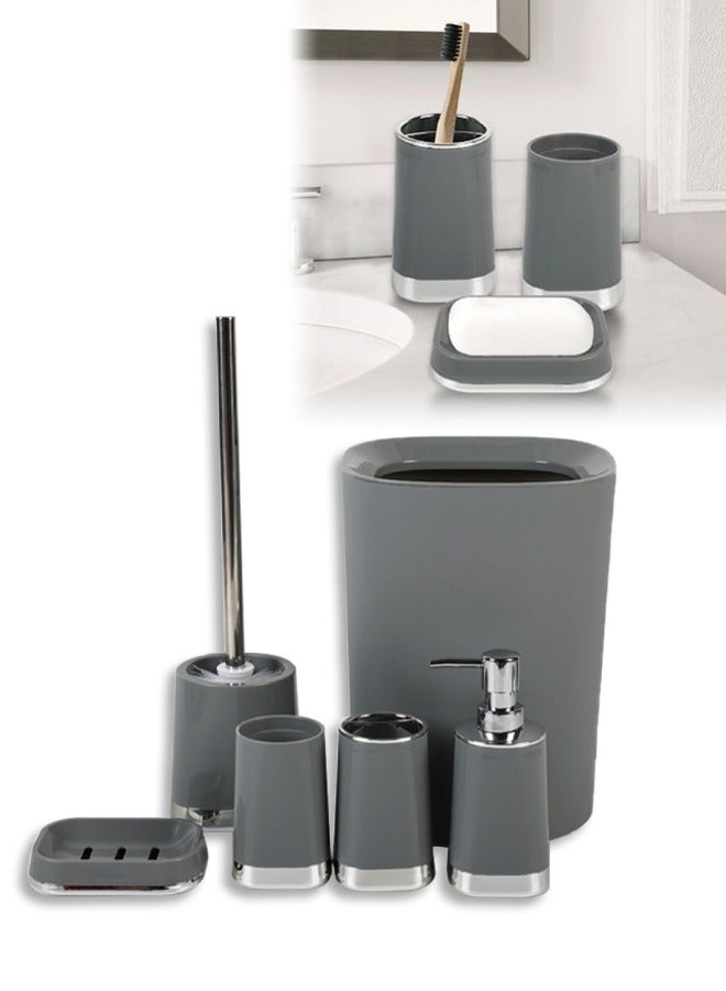 DUNISO مجموعة 6 قطع من ملحقات الحمام، مجموعة مستلزمات منزلية، مجموعة تخزين الحمام، قوية ومتينة، مع سلة مهملات، طبق صابون، فرشاة مرحاض، كوب غسول فم، زجاجة لوشن، حامل فرشاة أسنان، مناسبة للاستخدام العائلي والسفر - Image 1